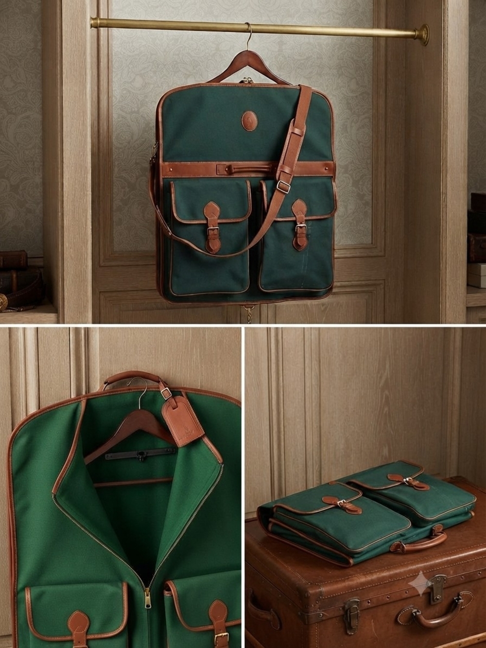 Vintage Polo by Ralph Lauren Green Canvas Garment Bag with Brown Leather Trim
